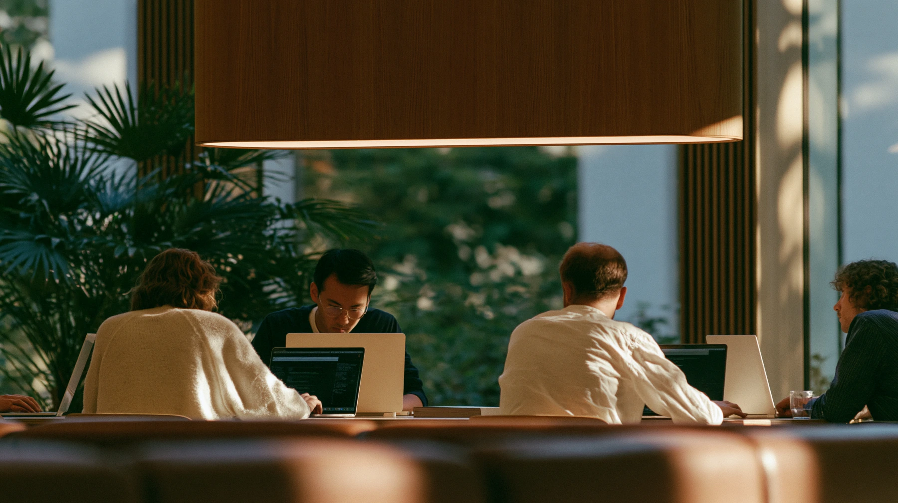 A team working side by side across a shared table